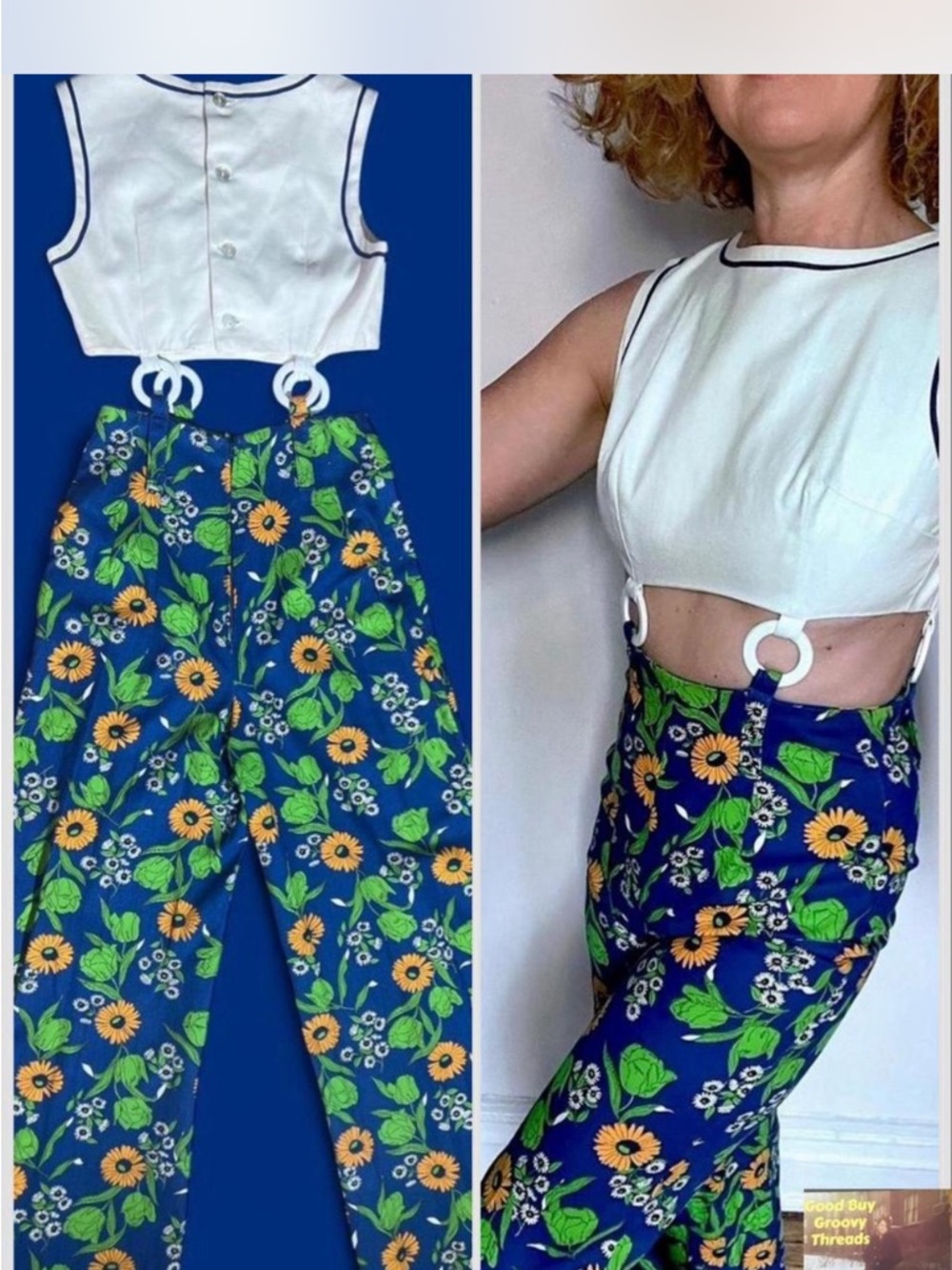 O-Ring Cut-Out Jumpsuit 60s/70s Sunflower blue, yellow, white amazing piece